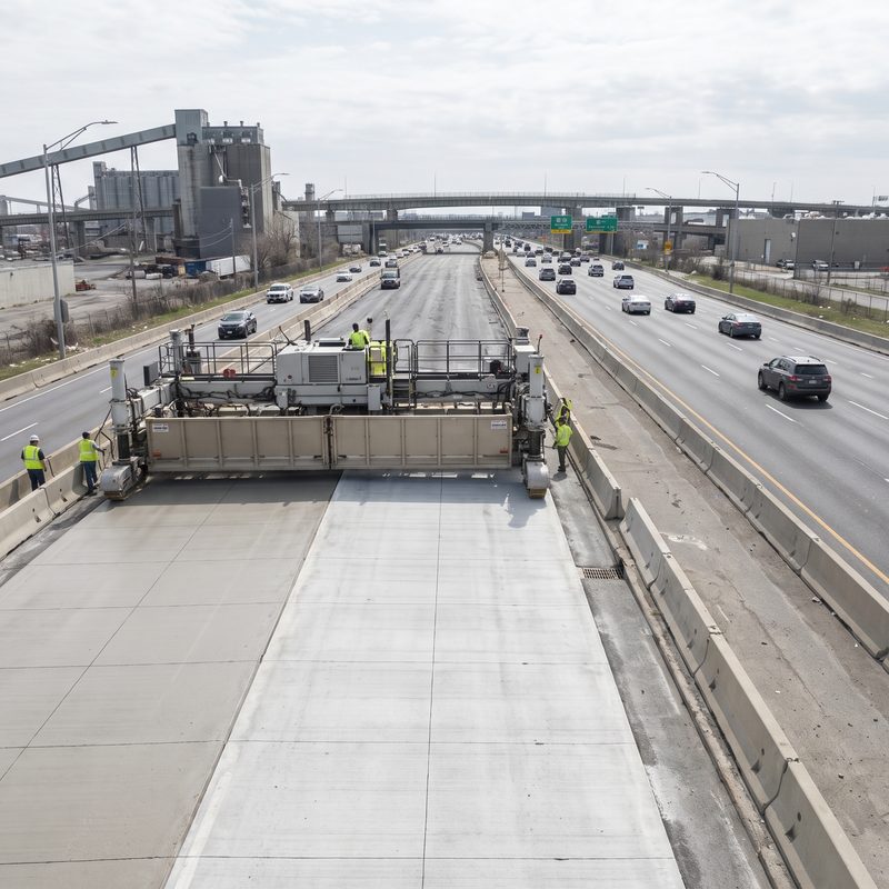 Concrete paving machine placing a new highway slab beside live traffic lanes